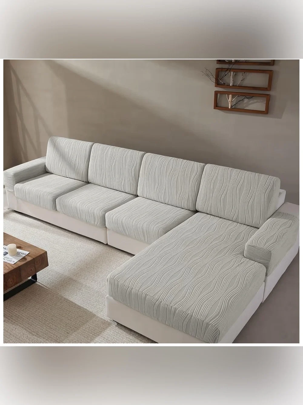 Soft Wavy Gray Sofa Slipcover, Elastic Slip Resistant for Sectional Chaise